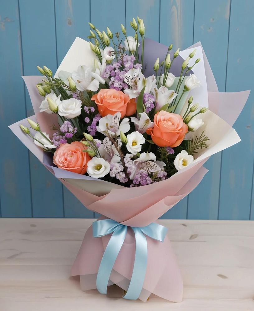 Букет цветов из: Лизиантусы, Розы, Альстромерии и Гипсофила в Хакуринохабль