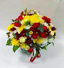 Цветочная композиция из Хризантемы и Розы в корзине в Хакуринохабль