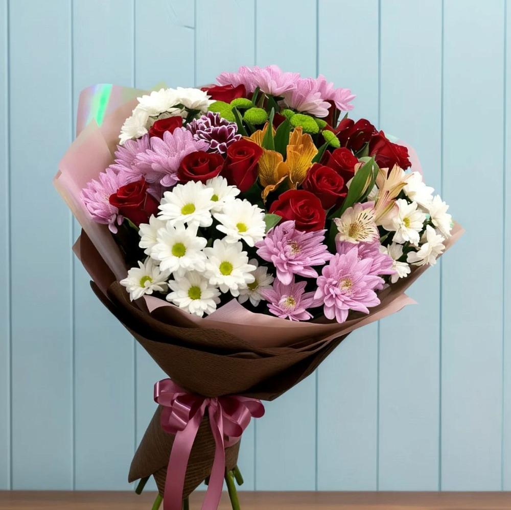 Букет цветов из: Розы, Хризантемы и Альстромерии в Хакуринохабль