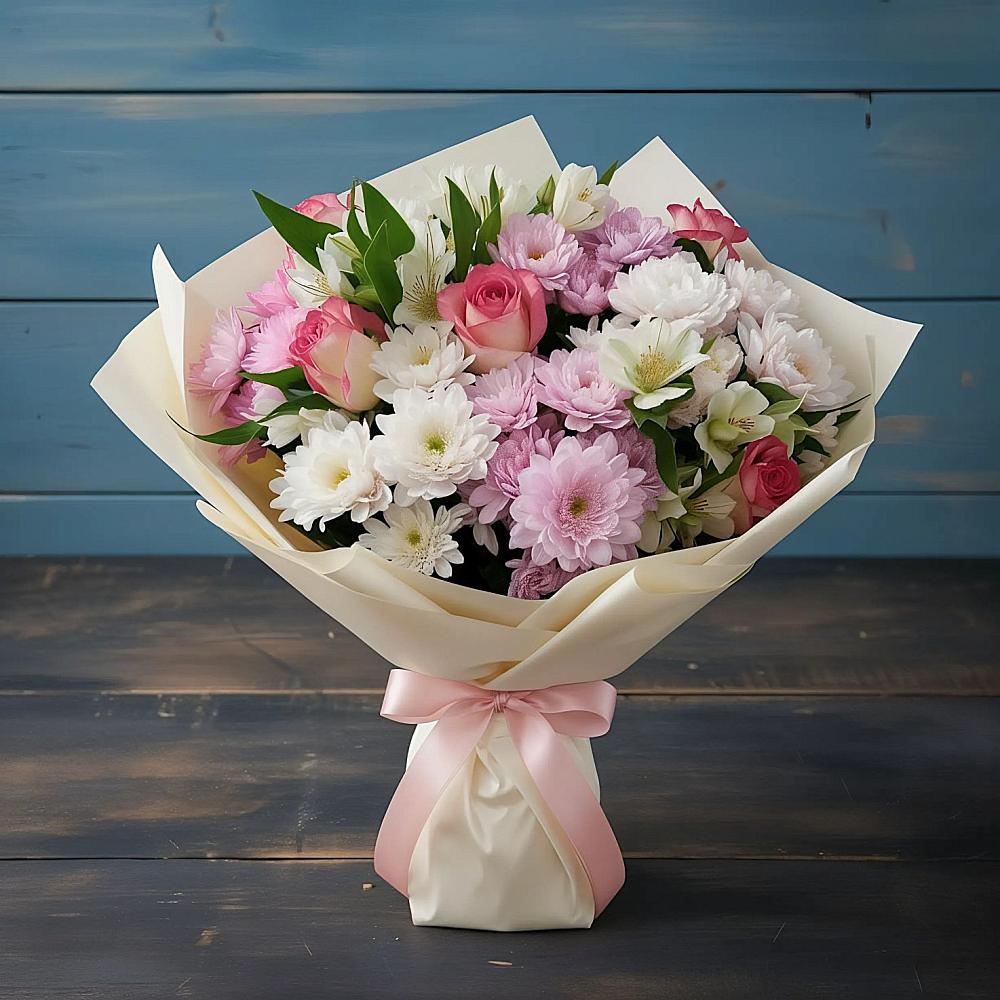 Букет цветов из: Хризантемы, Альстромерии и Розы в Хакуринохабль